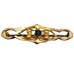 Antique Art Nouveau Bar Pin Gold Tone Green Stone Brooch Small 1 1/4" Petite